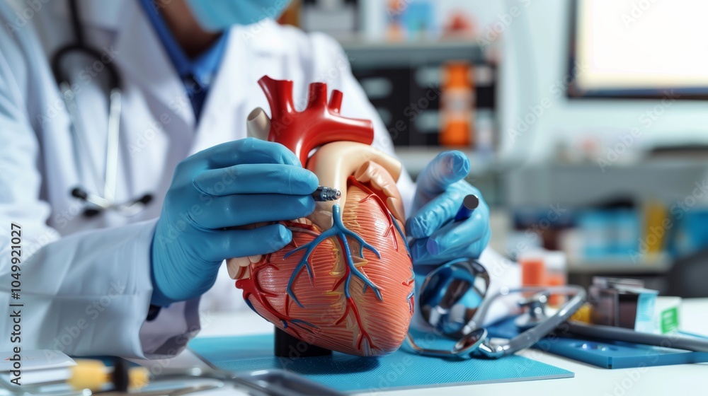 Poster a detailed image of a cardiologist examining a heart model with focus on the model��s details and di