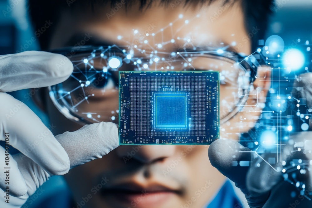 Poster this image depicts a focused engineer holding an intricate microprocessor, representing the cutting-