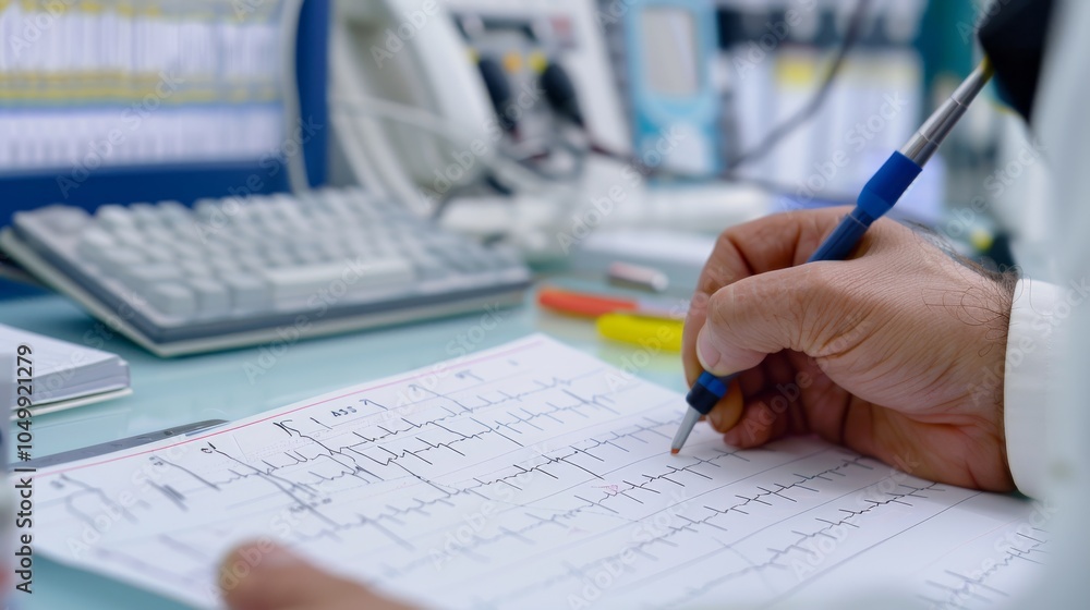 Poster a detailed image of a cardiologist reviewing an ecg printout with focus on the ecg graph and medical