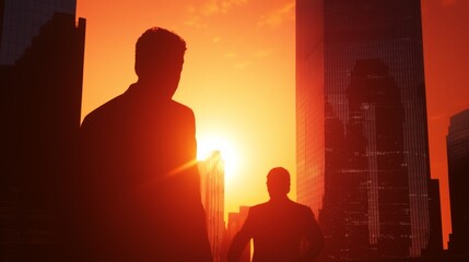 Fototapeta premium Vibrant Sunset over Financial District with Silhouettes of Investors and Skyscrapers, Urban Cityscape at Dusk - Ultra-Detailed Image