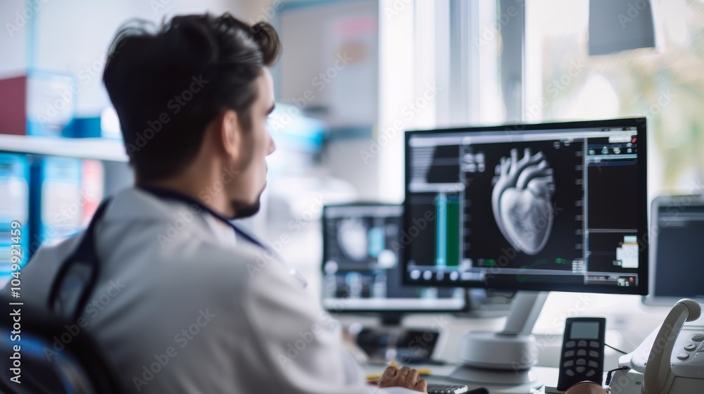 Poster a detailed image of a cardiologist reviewing an echocardiogram with focus on the heart��s details an