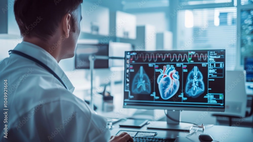 Poster a detailed image of a cardiologist reviewing an echocardiogram with focus on the heart��s details an