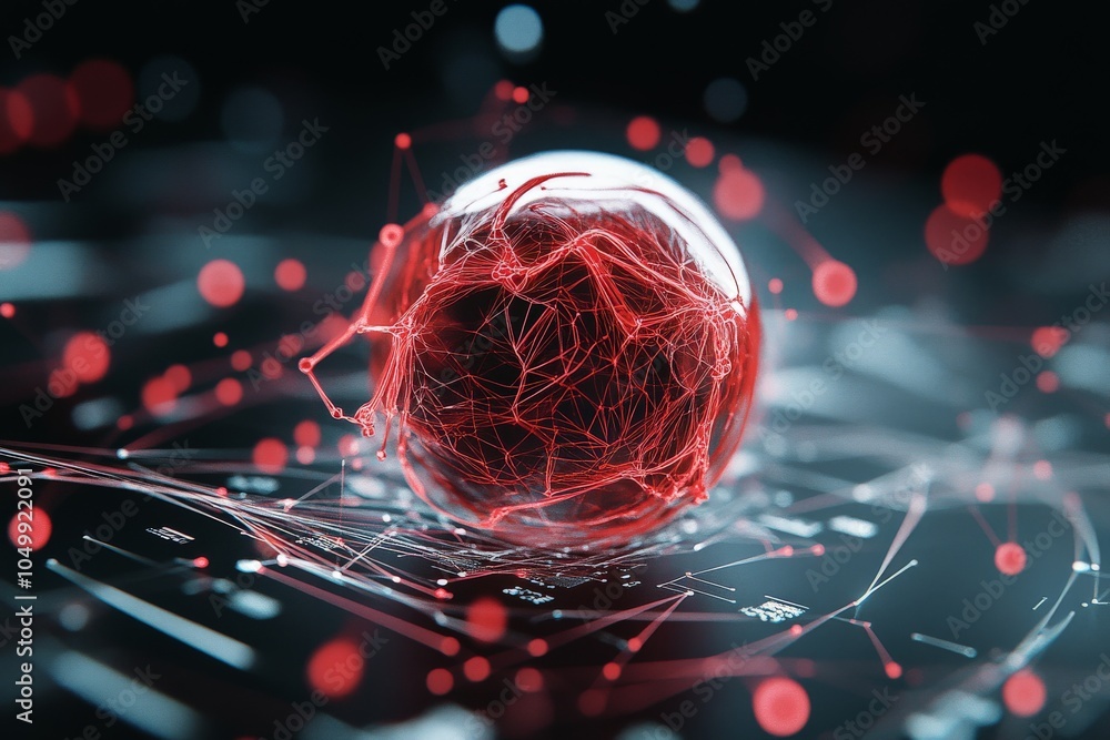 Poster an abstract digital sphere at the center surrounded by complex networks and red pulsating nodes. it 