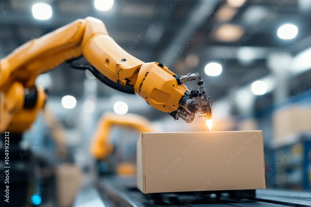 Poster an industrial robotic arm working on an assembly line, demonstrating automation in manufacturing wit