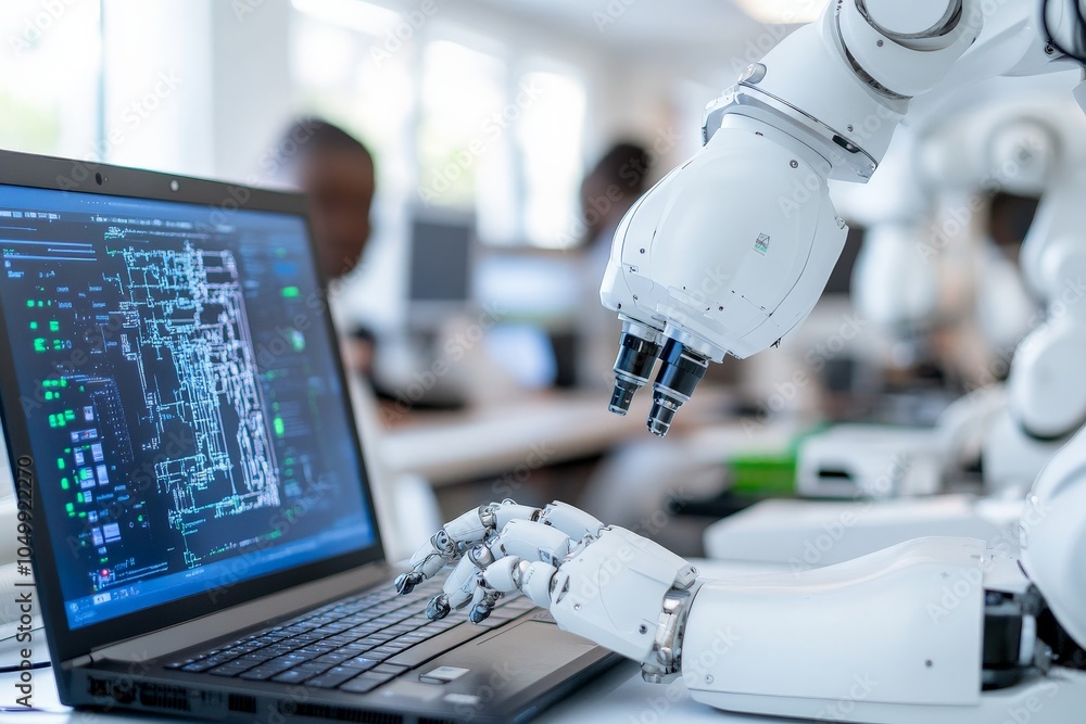 Poster robotic hands interact with a laptop showing code and circuits, in a bustling tech workspace, illust