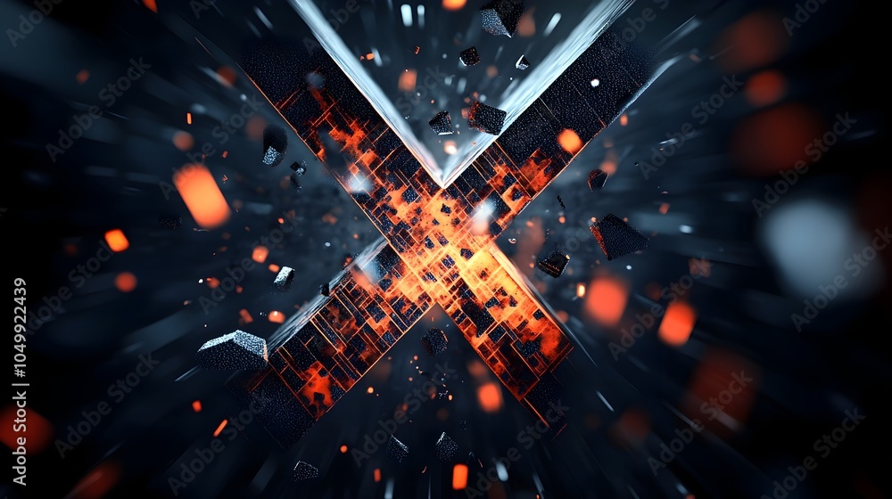 Poster explosive abstract x design with fragmented pieces breaking apart on dark background