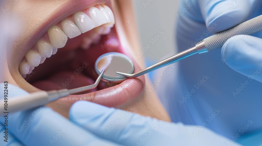 Aufkleber a detailed image of a dentist performing a routine check-up with focus on the dental tools and patie