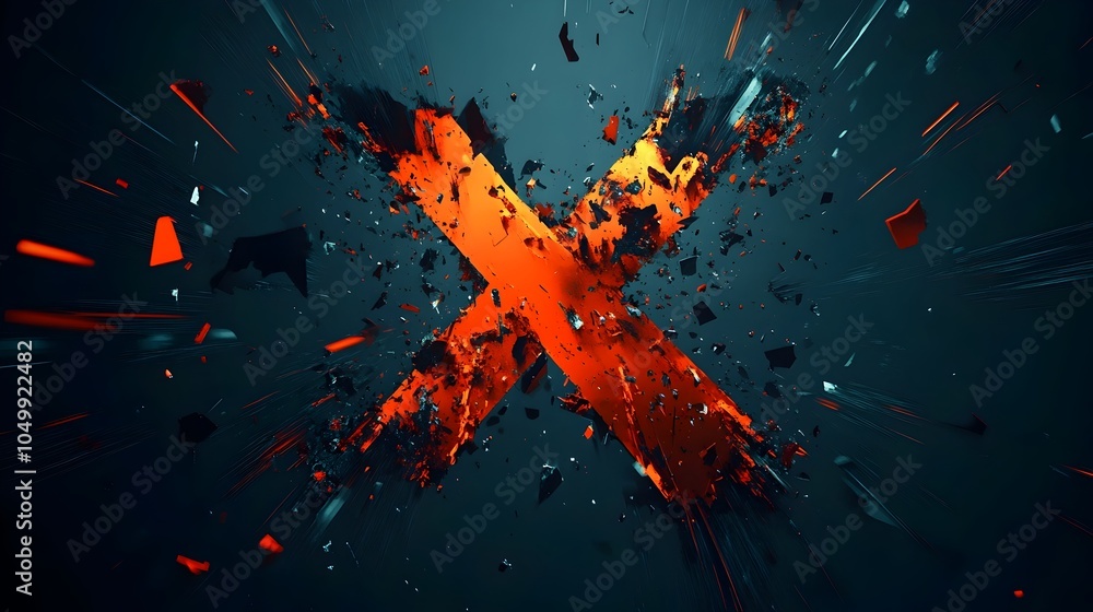 Poster explosive and dynamic abstract x design with fragmented pieces breaking apart on dark background