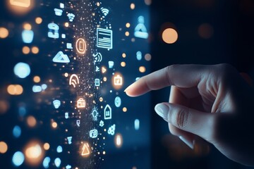 A human hand reaches out to engage with a digital interface rich with diverse icons, symbolizing connectivity, technological interaction, and the digital age's impact.