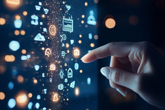A human hand reaches out to engage with a digital interface rich with diverse icons, symbolizing connectivity, technological interaction, and the digital age's impact.