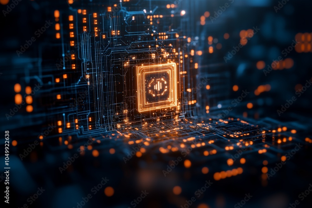 Poster a visually captivating futuristic circuit board design with a glowing digital interface, representin