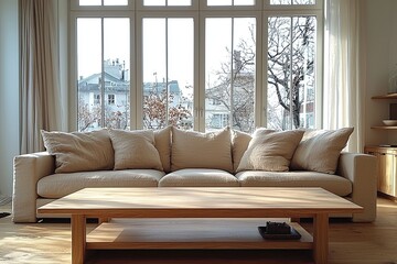 Fototapeta premium Modern Scandinavian interiors in a spacious living room with windows and sofas and tables. Generative AI 