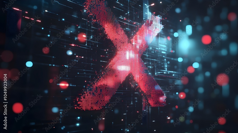 Poster digitally rendered fragmented x silhouette floating in futuristic tech-inspired space backdrop