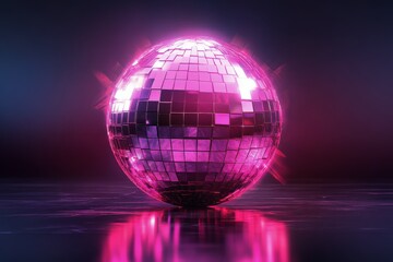 A reflective disco ball in a vibrant forest setting during twilight illuminated by colorful lights