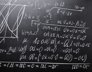 This image features a blackboard filled with intricate scientific formulas and calculations.