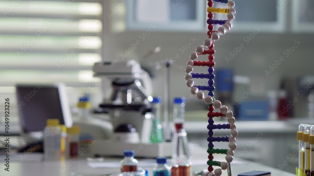 Poster a detailed image of a dna helix model with vibrant colors, set in a modern research lab with advance