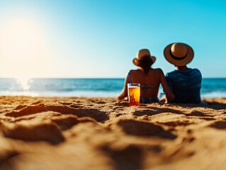 Fototapeta premium Romantic couple relaxing on the beach at sunset