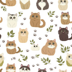 Obraz premium Cute seamless pattern with various cartoon cats and colors on a white background in a fun illustration style. Perfect for printing on fabric or web background.