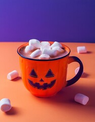 A large orange mug with a pumpkin design on it and coffee inside with marshmallows swimming inside, with blank space.