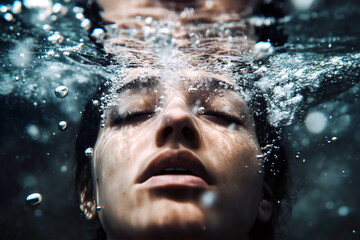 Fototapeta premium A person underwater, looking up towards the surface, symbolizing the sensation of drowning in emotions during a panic attack.