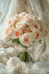 Obraz premium Elegant bouquet of soft peach roses set against a delicate lace background, creating a romantic, vintage-inspired scene perfect for weddings and special occasions.