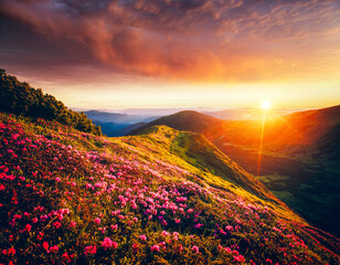 Magical rhododendron flowers on mountain slopes in pink shades. Carpathian mountains, Ukraine....