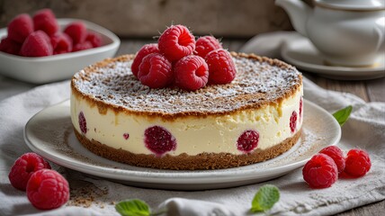Classic cheesecake with a biscuit crust, adorned with fresh raspberries and a dusting of powdered sugar on a decorative plate.