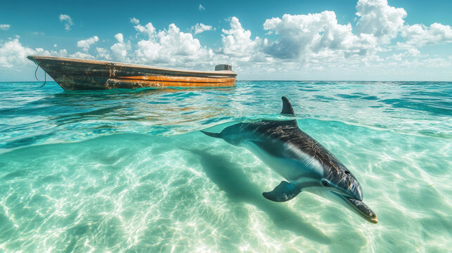 Gorgeous dolphin gliding through clear turquoise waters near a wooden boat in a tropical sea, split view above and below the surface