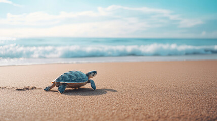Baby sea turtle crawls across a sunny beach towards the ocean, embodying freedom and resilience. This image highlights nature's beauty and the need for conservation efforts