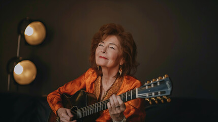 Obraz premium Senior woman musician is playing an acoustic guitar and singing with passion in a dimly lit room
