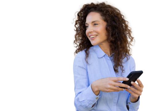 Happy Latina businesswoman texting on her smartphone - Powered by Adobe