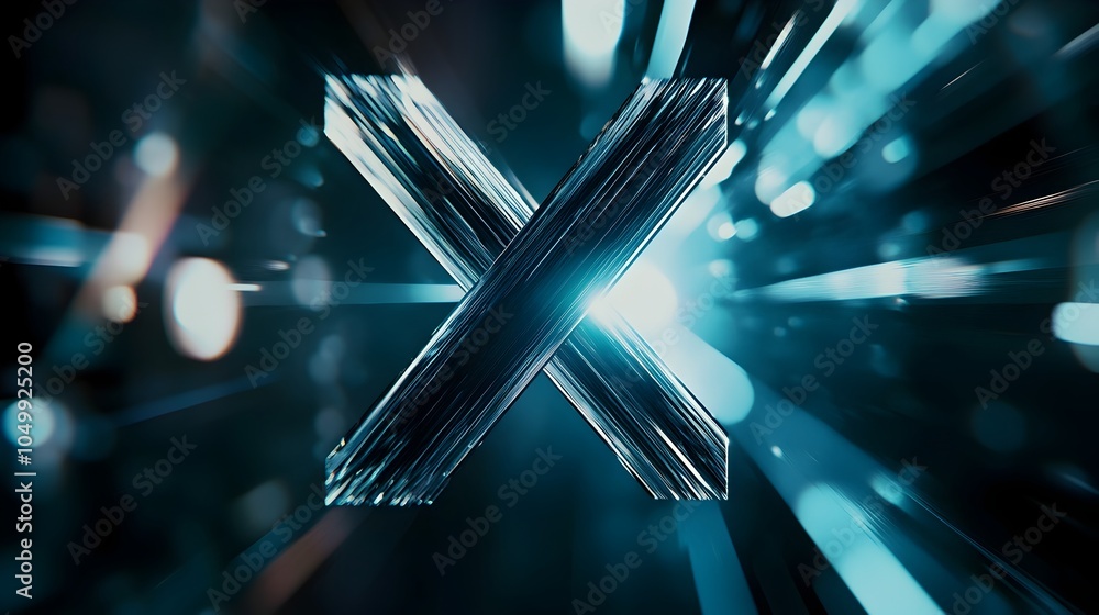 Poster floating metallic x design over dark abstract background with luminous light flares
