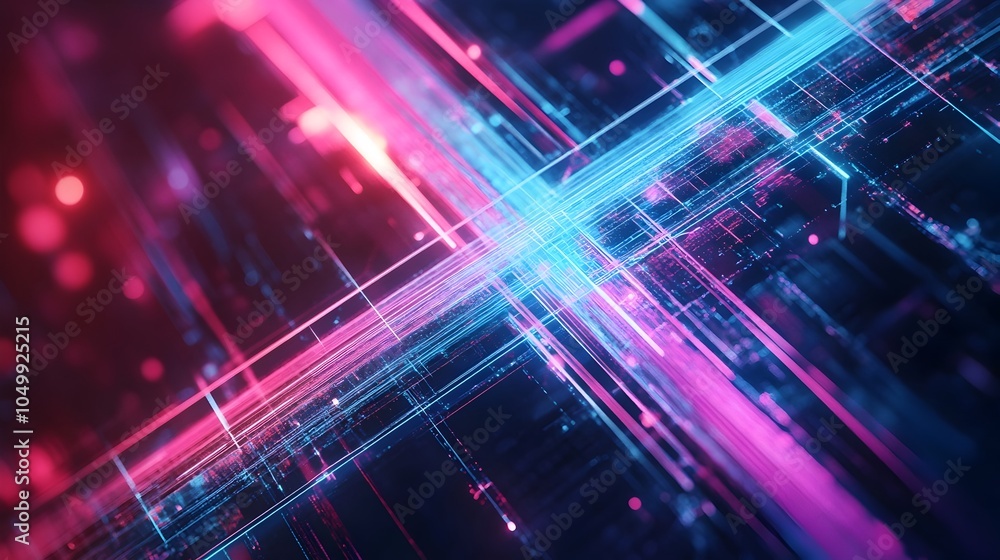 Poster futuristic digital design with intersecting neon lines and glowing effects on dark background