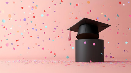 Graduation cap with confetti on pink background
