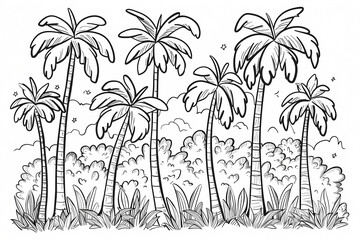 Detailed illustration of palm trees in a tropical setting, showcasing lush greenery and a sunny atmosphere.