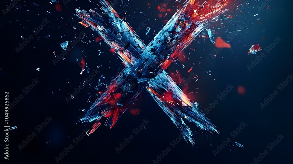 Aufkleber explosive dynamic abstract x design with fragmented shattered pieces on dark background