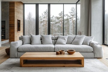 Fototapeta premium A minimalist, mid century modern interior in a living room with light gray sofas and tables and windows visible. Generative AI 