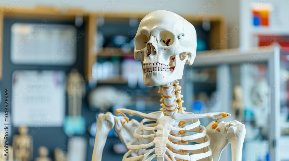 Poster a detailed image of a human skeleton model with highlighted joints, set in a brightly lit anatomy la