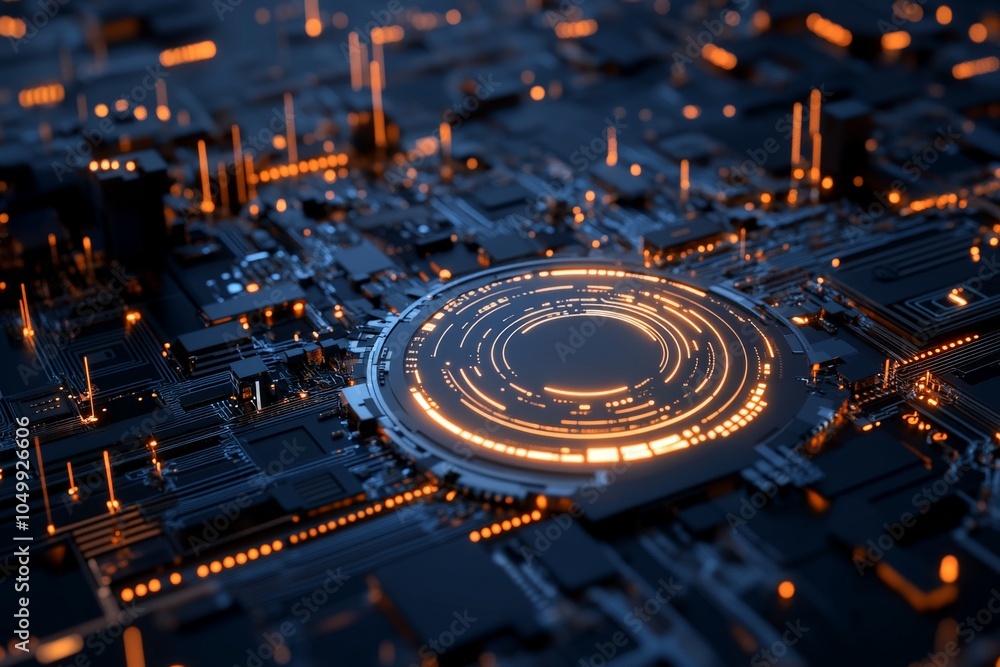 Poster an innovative and modern circuit board design featuring a central glowing circular motif, with radia