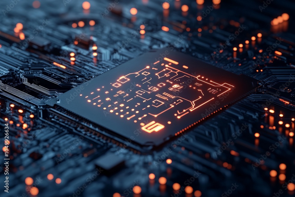 Poster close-up of a glowing microchip on a circuit board, highlighting complex electronic patterns and vib