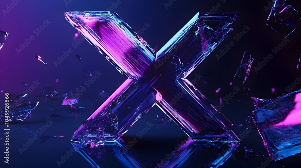 Poster shattered glass 3d 'x' design with glowing edges on dark gradient background