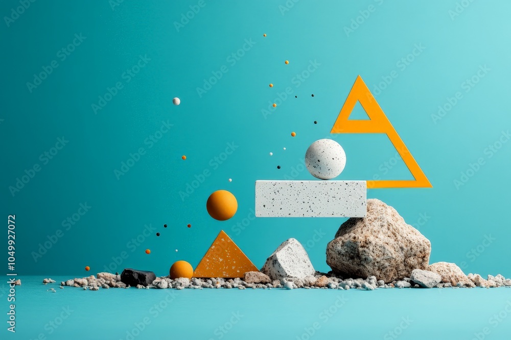 Poster an arrangement of geometric shapes in orange and white with shadows on a blue backdrop creates a bal