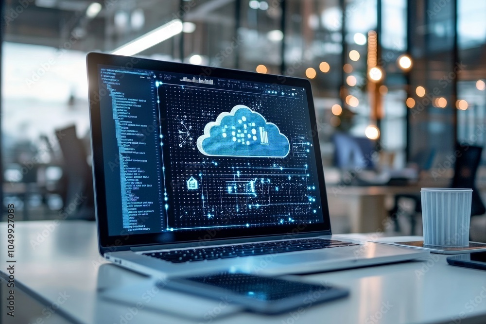 Aufkleber a modern office setting features a laptop displaying a cloud computing interface, symbolizing the se