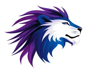 Fototapeta premium Lion with purple and blue hair. The lion has a white stripe on its face. The lion is looking to the right