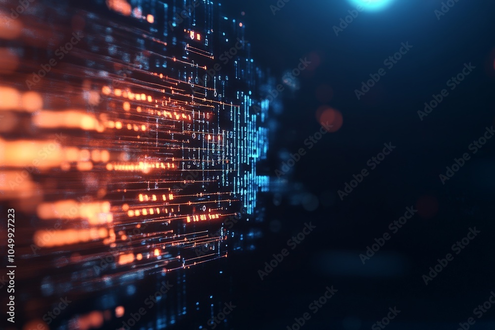 Poster a conceptual image depicting the flow of digital data represented by lines and streams of light in b