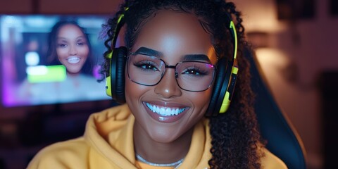 Fototapeta premium Happy Woman in Headphones Smiling and Listening to Music
