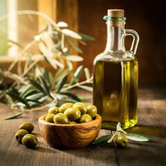 Rustic still life, olive oil bottle, wooden bowl of green olives, olive branches, moody lighting, dark background, kitchen counter, Mediterranean ingredients, artisanal food photography, golden hour g