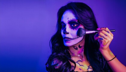 Fototapeta premium A person doing their makeup for Halloween, with blank space