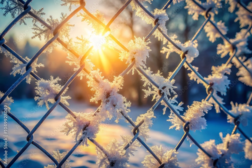 Poster surreal low-angle view of glimmering snowflakes on chain-link fence in bright sunlight - unique wint