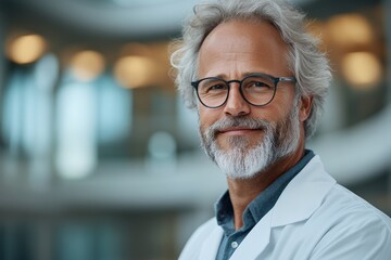 A confident doctor with gray hair and glasses smiles warmly while wearing a white lab coat, set in a modern medical environment, projecting professionalism and trust.